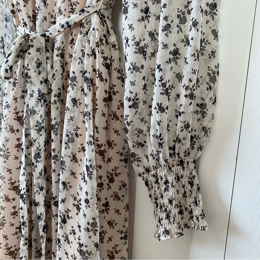 English Factory | Brown Floral Smocked High‑Neck Midi Prairie Cottagecore Dress